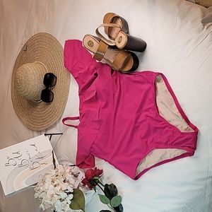 One Shoulder Ruffle PinkFull Coverage One Piece Swimsuit - Kona Sol